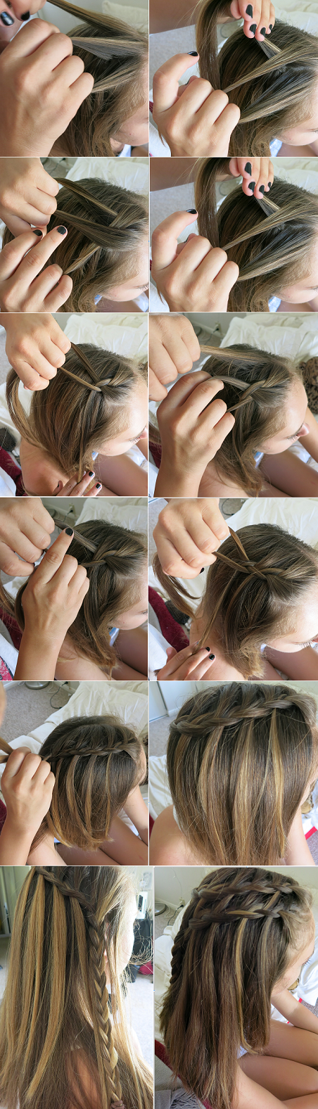 Для початку слід розчесати волосся і зробити проділ косого типу;   Після виділення невеликої ділянки, поділити його на три частини і плести косу, залишаючи нові пасма звисати, як зазначено на фото нижче:
